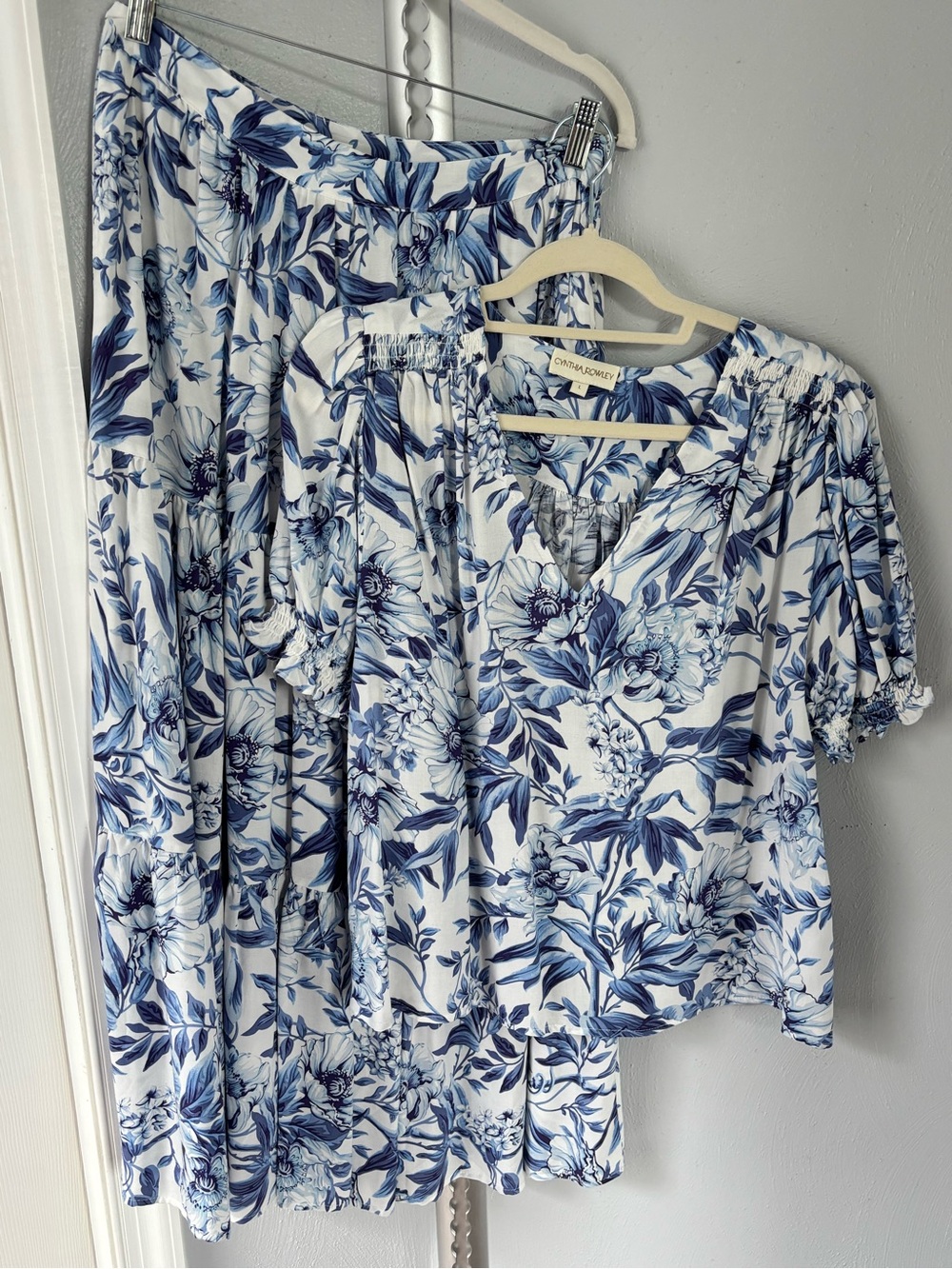 Cynthia Rowley Blue and White Floral Midi Skirt and Top Set